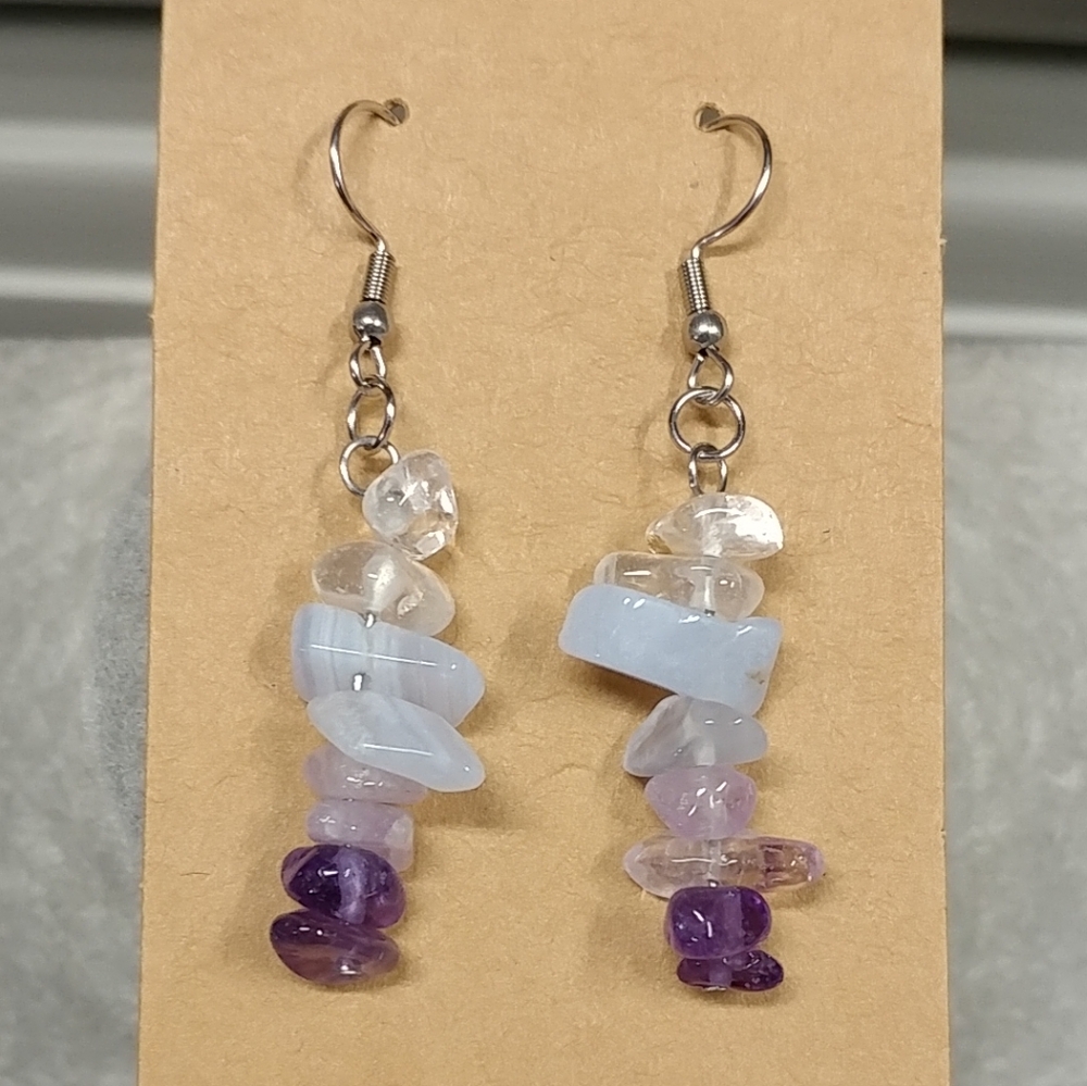 Amethyst Quartz Crystal Blue Lace Agate Earrings Natural Gemstone Chip Beaded